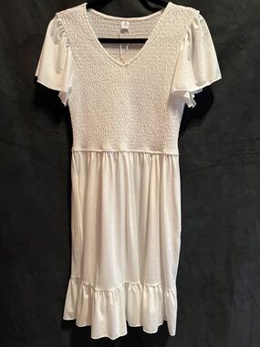 Anrabess Off-White Smocked V-Neck Flutter Sleeve Dress